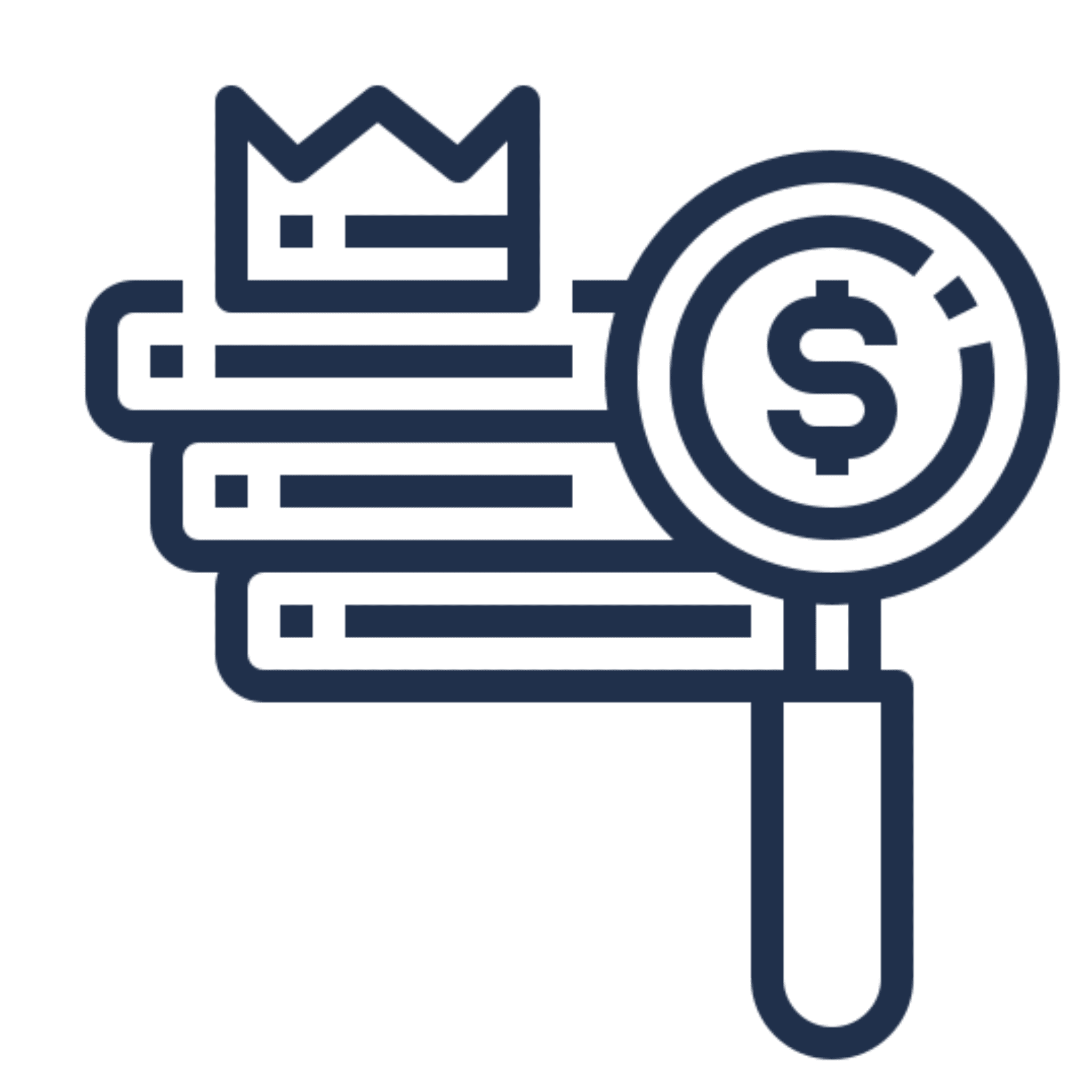 Crown and magnifying glass with dollar symbol.