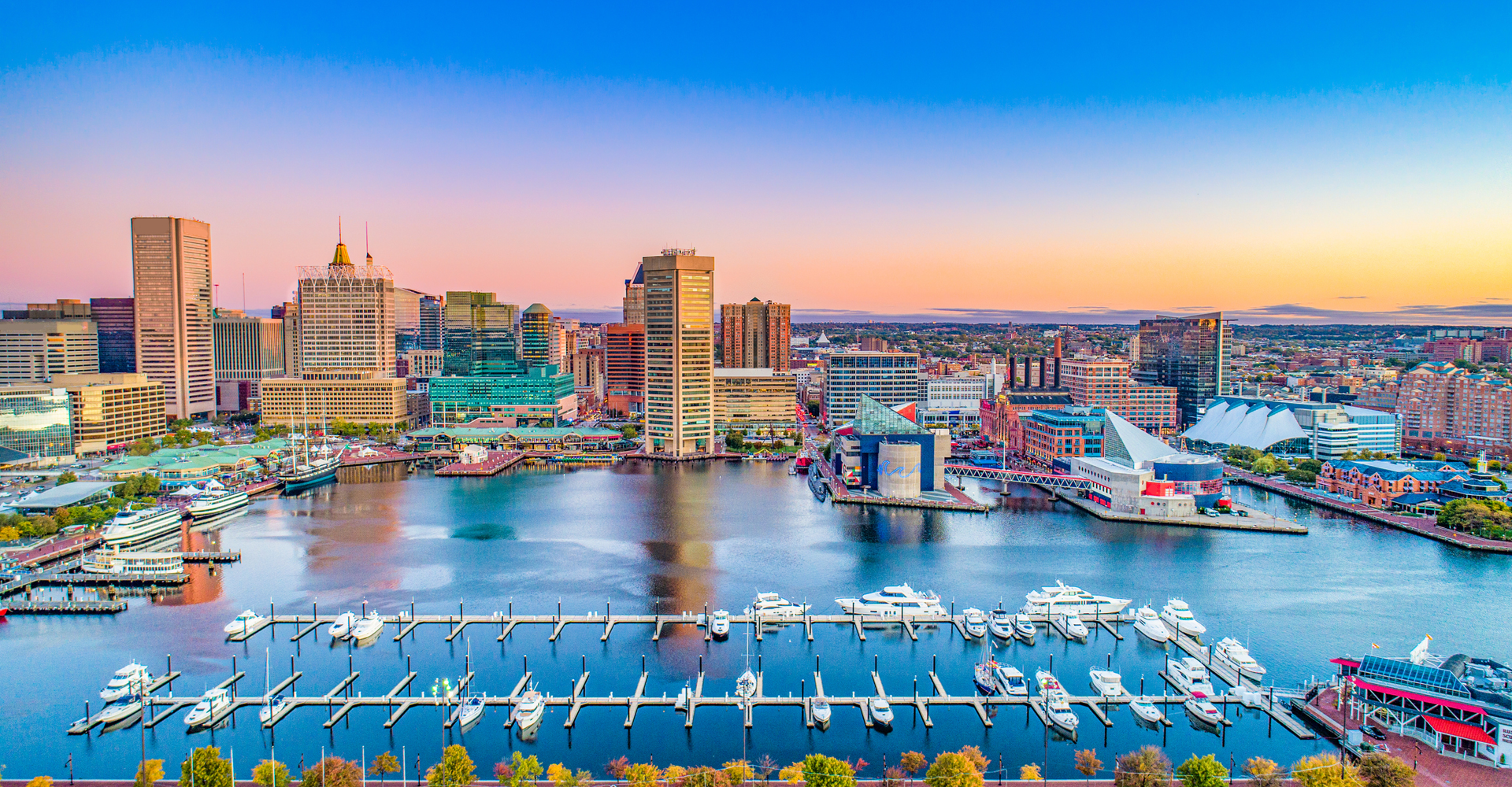 Aerial view of a city harbor skyline.